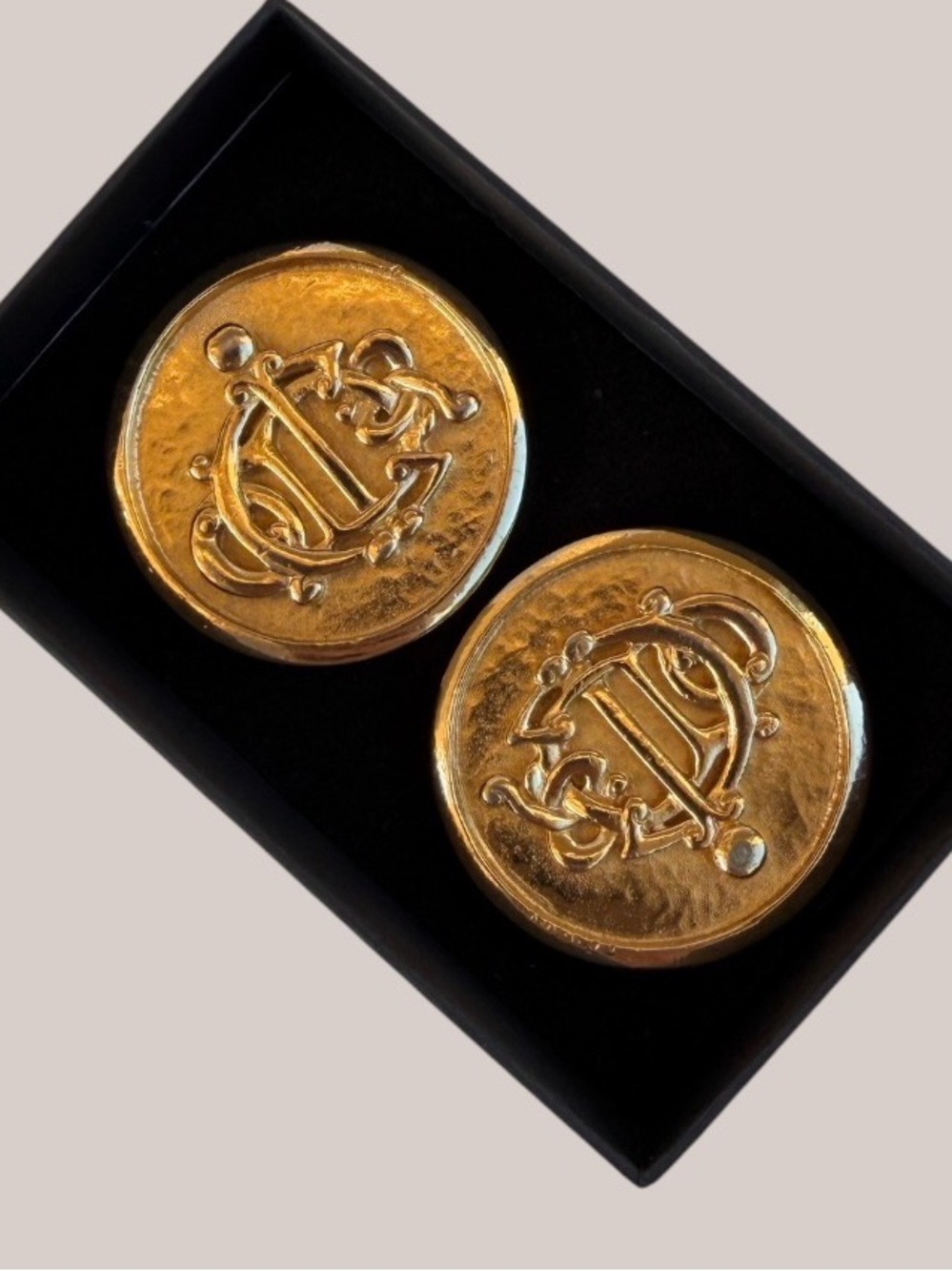 Christian Dior Vintage 1980’s Logo Gold Clip Coin Earrings 1.25” Round Statement